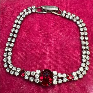 VTG Art Deco Style LIND Silver Plated Ruby Red Clear Rhinestone Tennis Bracelet